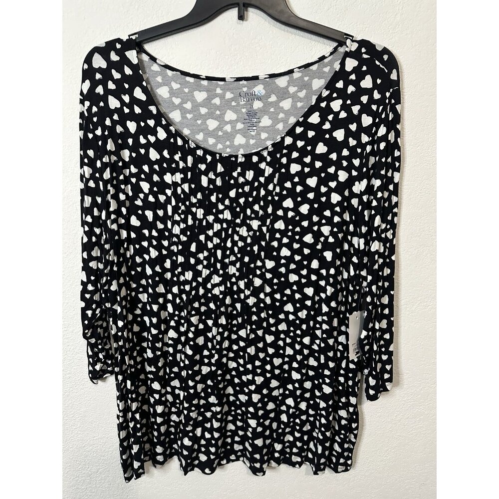 Croft & Barrow Black White Heart Print Pleated Front Top Shirt Size 2XL